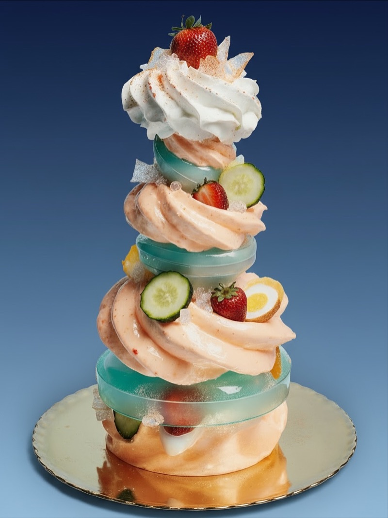 Cake Towers · by Rebecca Kunnis · gelatin tower, whipped cream, strawberry
