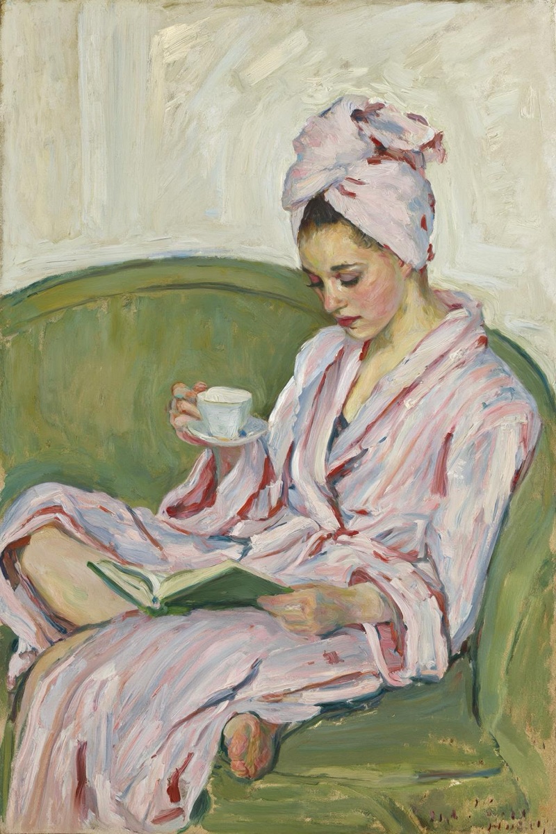 Morning Tea · by NowhereManGo · impressionist oil painting, towel turban, striped bathrobe