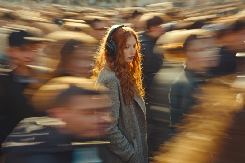 Still in the Crowd · by NowhereManGo · ginger waves, over-ear headphones, grey wool coat