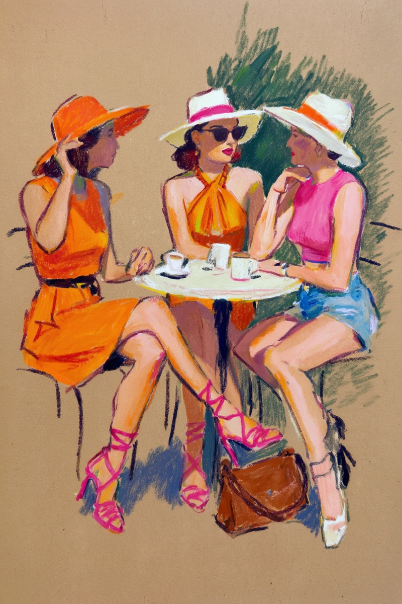 Cafe Pastel · by NowhereManGo · orange sun hat, pink strappy heels, white sun hats
