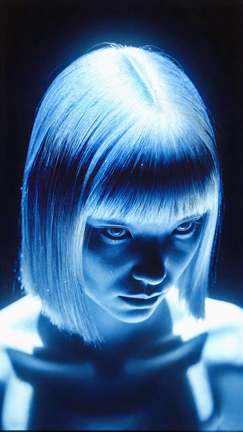 Cyanotype Gaze · by MonkeyForever · cyanotype, blunt bangs, black void