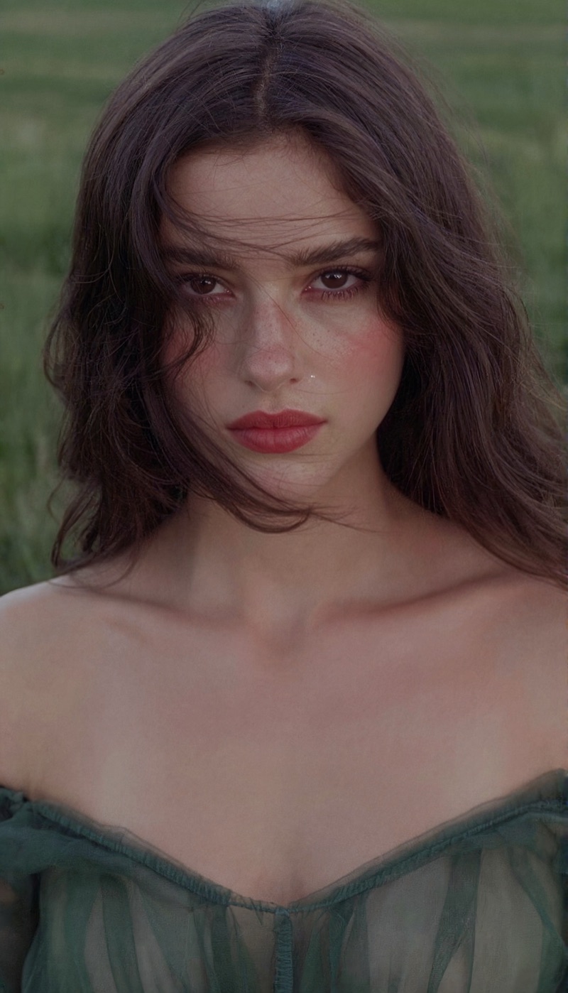 Green Tulle · by Grain_and_gain · off-shoulder tulle, meadow portrait, freckles