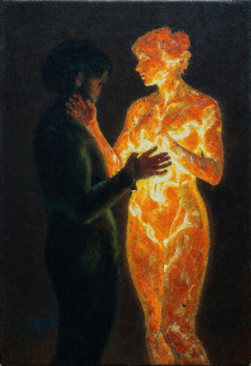 Ember Embrace · by 6vidit9 · chiaroscuro, oil paint, embracing figures