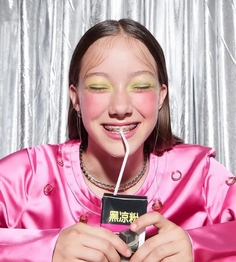 Pink Soda · by Laura Baiardini · studio portrait, pink satin, drink carton