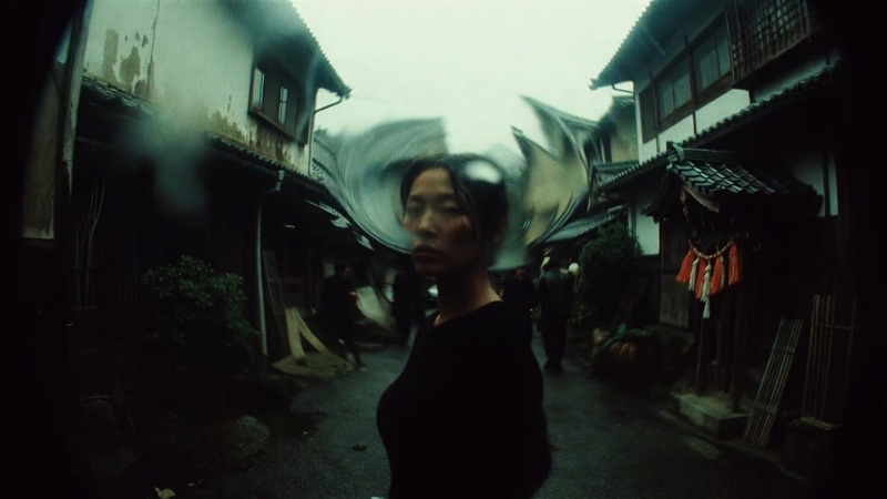 Whirl · by Felix · fisheye village street, hair in motion, rain-dark rooftops