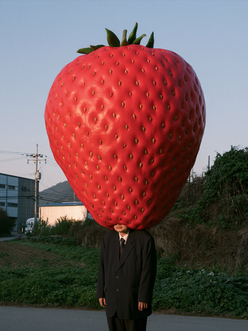Strawberry Head · by Floow.ai · giant strawberry, oversized head, rural roadside