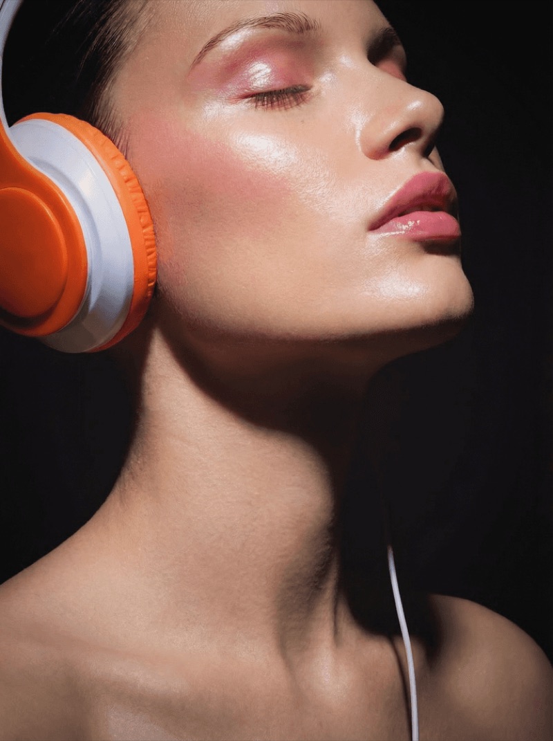 Chromed Pop · by Jamey Gannon · orange headphones, glossy makeup, graphic collage