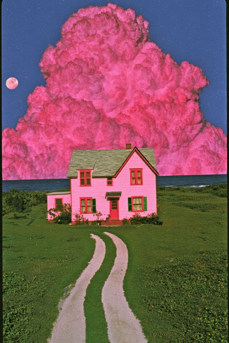 Pink Weather · by Gizem Akdag · pink coastal house, green bedroom, graphic sun