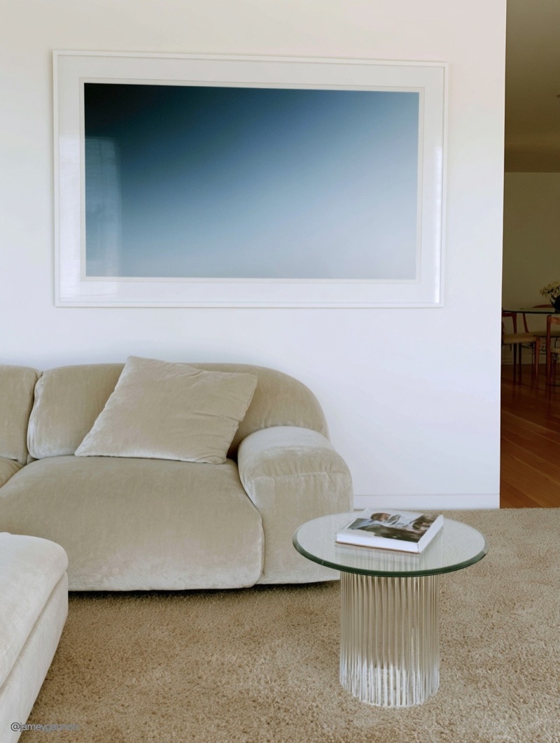 Gradient Interior · by Jamey Gannon · beige sofa, gradient painting, glass table