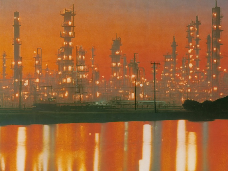 Mycelium Factory · by central dogma specialist · refinery dusk, water reflection, industrial lights