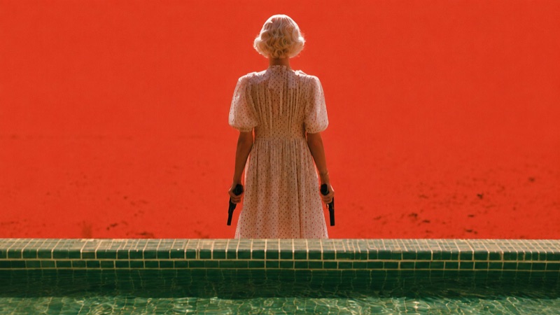 Walking Into It · by V · rear-view character, red desert, poolside scene